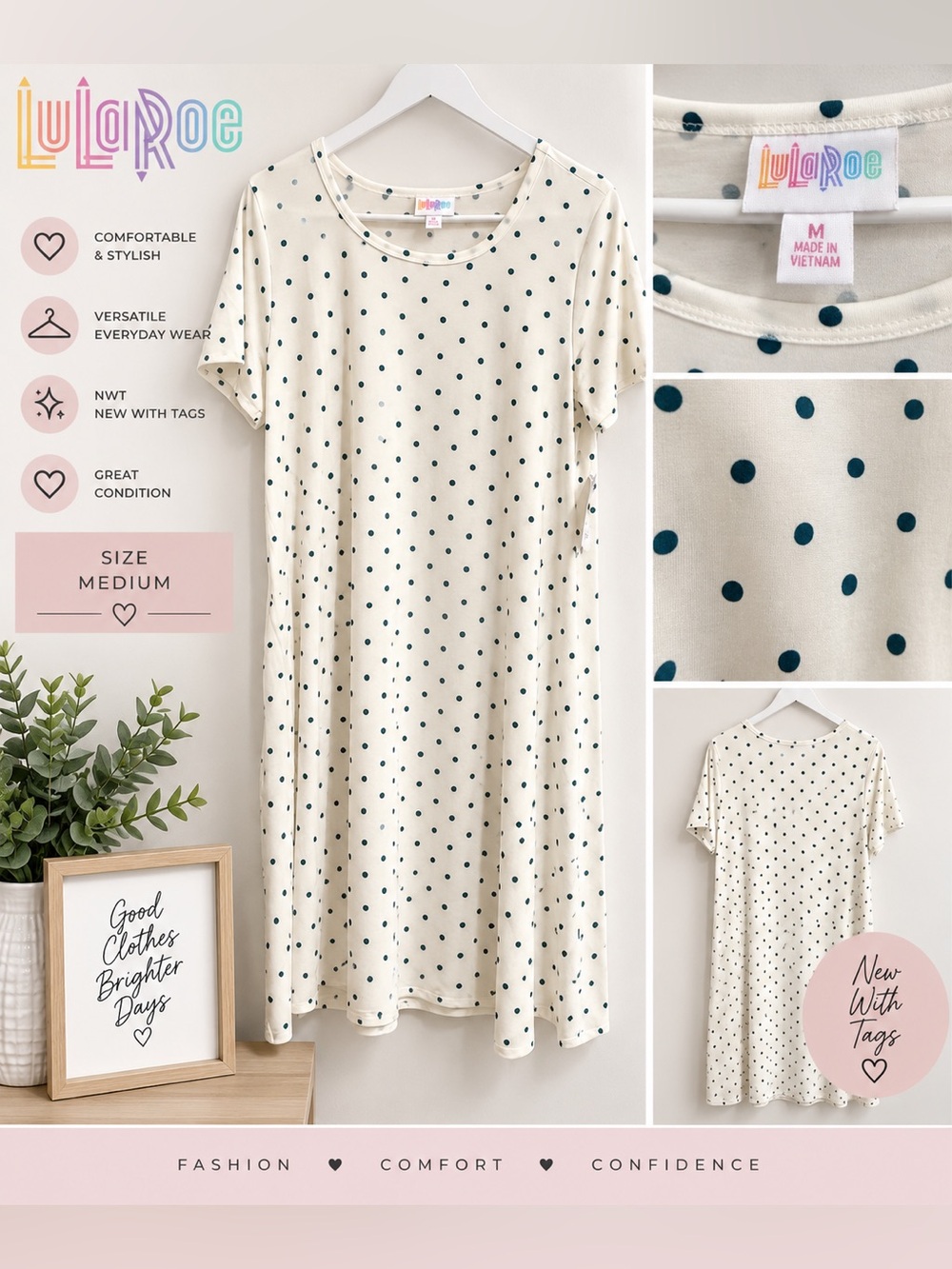 NWT LuLaRoe Cream & Black Polka Dot Swing Dress Size Medium